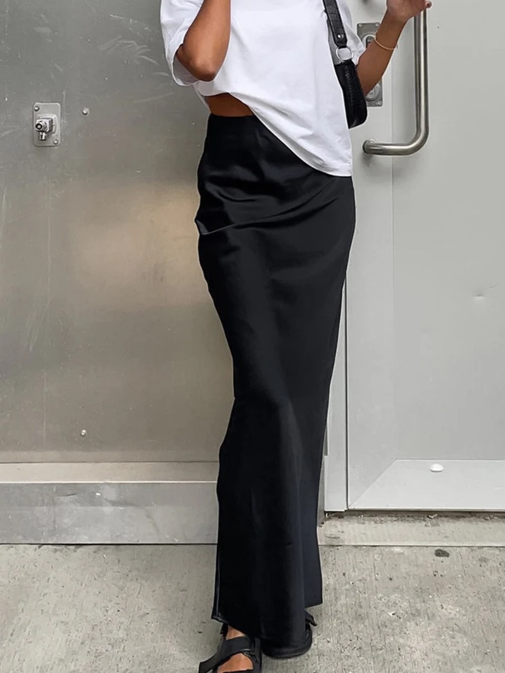 Commense Black Satin Maxi Skirt - Sleek Floor-Length Style